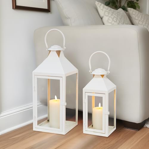 JHY DESIGN Set of 2 Cream Decorative Lanterns 17.5inch&13.5inch Metal Candle Lanterns for Indoor Outdoor Events Paritie and Weddings Vintage Style Hanging Lantern - color: Cream