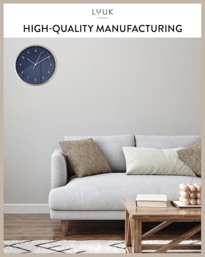 LUUK LIFESTYLE Modern Silent Quartz Wall Clock, 12in, Dark Blue & Gold | Elegant & Simple, Non-ticking, Analog, Easy-to-read display, Battery operated, for Guest room, Bedroom, Kitchen - color: Dark Blue, 12"