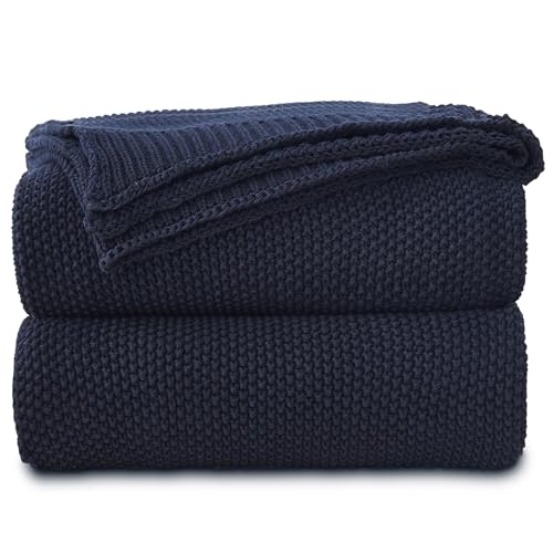 Longhui bedding Dark Navy Blue Cotton Cable Knit Throw Blanket for Couch Sofa Bed, Lightweight Home Decorative Throws, Bonus Laundering Bag, 60 x 80 Machine Washable - color: Navy Blue, size: 60"x80"