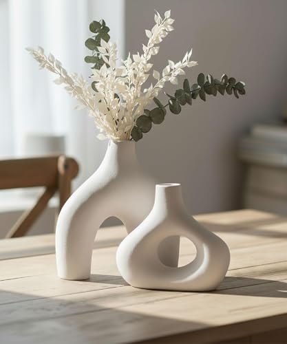 Carrot's Den Ceramic Modern Vase Set of 2, Donut Shelf Decor, Warm White - color: Warm White