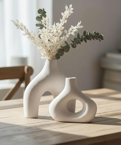 Carrot's Den Ceramic Modern Vase Set of 2, Donut Shelf Decor, Warm White - color: Warm White