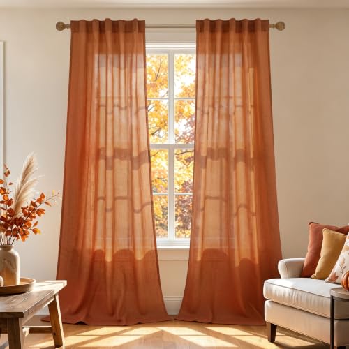 Burnt Orange Linen Narrow Curtains 84 Inches Long, Back Tab Fall Bohemian Boho Light Filtering Sheer Skinny Curtain Drapes for Living Room Bedroom Set 2 Panels, Dark Orange Autumn Decor, 42x84 - color: Orange, size: 42"W x 84"L (Pack of 2)