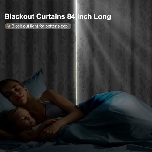 White Blackout Curtains for Bedroom and Living Room, Grey Floral Room Darkening Window Black Out Curtains 84 Inch Long, Light Filtering Soundproof Thermal Insulated Living Room Curtains with Tiebacks - color: Gray Floral Pattern