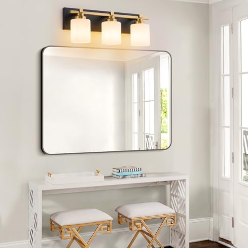 Modern Bathroom Light Fixtures Over Mirror, Vanity Lights for Bathroom Wall Sconces with Milky White Glass Shades, E26 Socket (Bulbs Not Included), 3 Light, Black Gold - color: Black Gold, size: 19.68 inch-3-Light