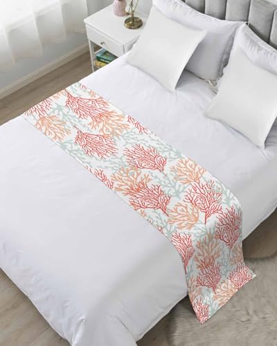 DecorLovee Red Orange Grey Coral Coastal Bed Runners for Queen Size Bed, Summer Beach Bed Throws for Foot of Bed, Nautical Bed Runner Sofa Throw Bedding Scarf Protector Slipcover for Bedroom - color: Red Orange Grey Coral, size: 83"x20" for Queen Bed