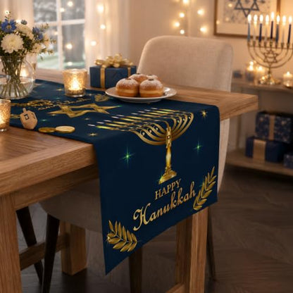 Hanukkah Decorations - Navy Blue Gold Hanukkah Table Runner - color: Navy Blue