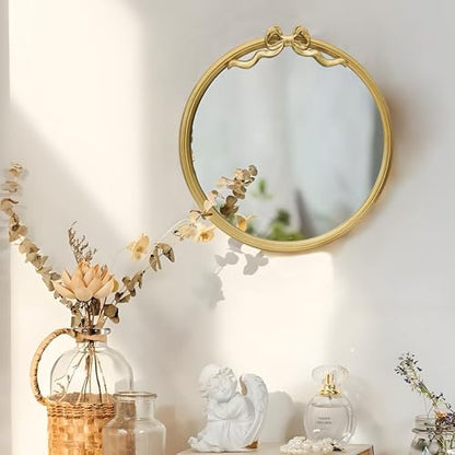 15.75" Gold Bow Decorative Round Mirror, Metal Frame Hanging Circle Mirror, Wall Mounted for Entryway, Bathroom, Vanity, Living Room