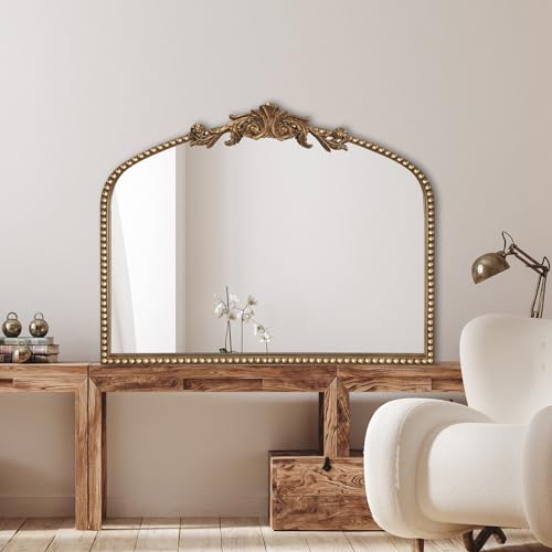 BAODANFU Baroque Arched Wall Mirror Entryway, Gold Vanity Mirror Decorative - size: 30"L x 36"W