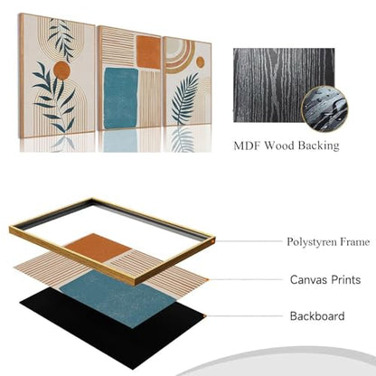 Boho Abstract Botanical Framed Canvas Wall Art Set of 3, 12x16 inch - color: Boho Blue, size: 12"x16"Natural