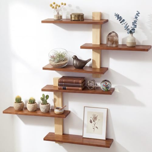 Pinkunn 2 Pack Floating Wall Shelf Mid Century Decor, Natural Wood, 3 Tier - color: Natural Wood