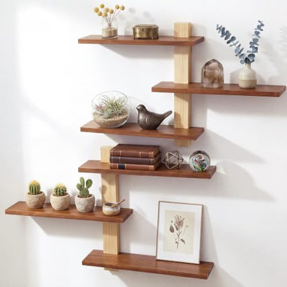 Pinkunn 2 Pack Floating Wall Shelf Mid Century Decor, Natural Wood, 3 Tier - color: Natural Wood