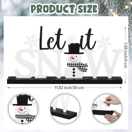 MiniInflat Let It Snow Table Decor Winter Metal Table Sign Christmas Black White Snowman Snowflake Decor with Wood Base for Winter Wonderland Decorations Xmas Home Tiered Tray Mantel Centerpiece - style: Let It Snow