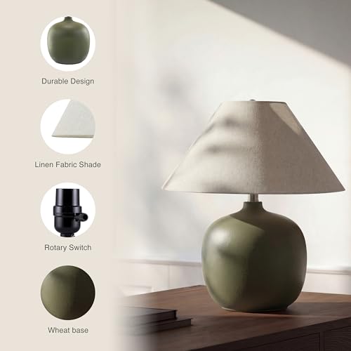 Abani Madeline 20” Table Lamp – Green Ceramic Base with Wheat Linen Tapered Shade, E26 2-Way Bulb Included – Modern Bedside Lamp for Bedroom, Living Room or Nightstand