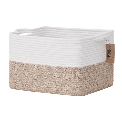 COMFY-HOMI Cotton Rope Woven Basket with Handles for Shelves,Toys,Book, Cloth Storage Baskets Bin for Organizing- 1 PCSToy Decorative Organizer for Living Room, Bathroom - color: WHT/brown, size: 13.5"X11"X9.5"