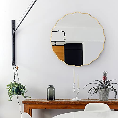 20" Gold Scalloped Mirror,Round Wavy Edge Mirror,Circle Wood Vanity Mirror