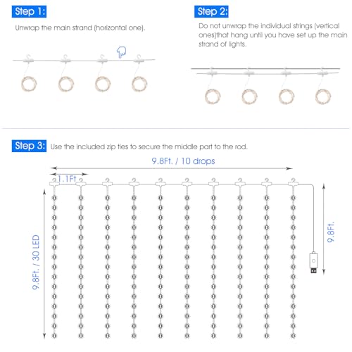 Minetom Curtain Lights, 300 LED Dimmable Twinkle Fairy Lights, 8 Modes - color: Blue & White, size: 1 Pack