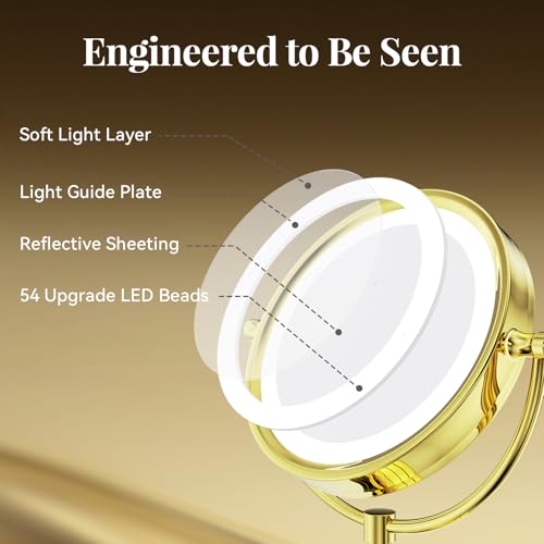 GURUN 8.5 Inch LED Lighted Tabletop Makeup Mirror with 10x Magnification Dimmable 3 Colors Touch Control 4500mAh Double Sided Gold Finish 2208D-T(10x, Gold) - color: Gold-batterie-touch Control