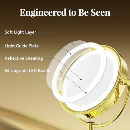 GURUN 8.5 Inch LED Lighted Tabletop Makeup Mirror with 10x Magnification Dimmable 3 Colors Touch Control 4500mAh Double Sided Gold Finish 2208D-T(10x, Gold) - color: Gold-batterie-touch Control