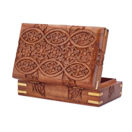 Ajuny Wooden Treasure Chest 8x5 Inch, Hand Carved Eye Floral Jewelry Box