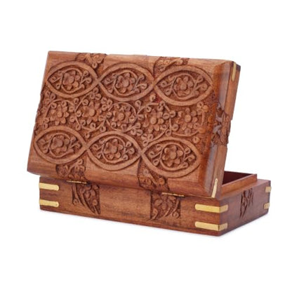 Ajuny Wooden Treasure Chest 8x5 Inch, Hand Carved Eye Floral Jewelry Box
