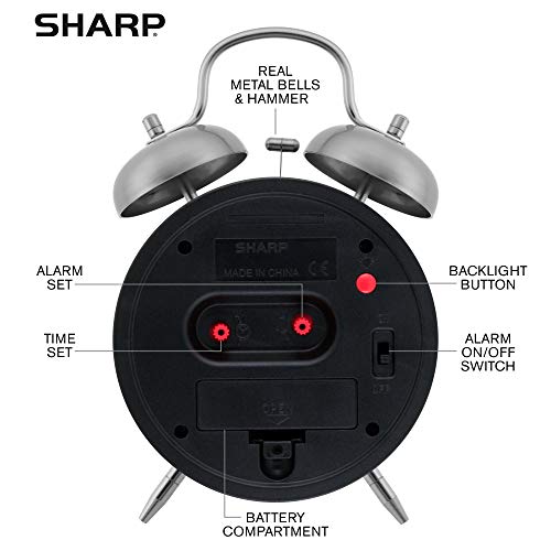 Sharp Twin Bell Alarm Clock - Loud Alarm - Great for Heavy Sleepers - Battery Operated Quartz Analog Clock (Brushed Silver) - color: Brushed Silver
