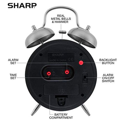 Sharp Twin Bell Alarm Clock - Loud Alarm - Great for Heavy Sleepers - Battery Operated Quartz Analog Clock (Brushed Silver) - color: Brushed Silver
