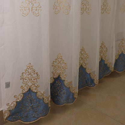 SLOW SOUL 2 Panels European Luxury Curtains Velvet Embroidered Tulle for Living Room Kitchen Bedroom Sheer Curtain with Rod Pocket Light Blue 50W X 63L inch - color: Light Blue/Rod Pocket, size: 50"W x 63"L (Pack of 2)