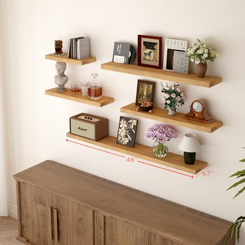 BGMG Floating Shelves 48 Inch Long, Wide Rustic Wooden Wall Shelves for Bathroom Living Room Bedroom Kitchen Farmhouse Set of 2-48x6.7x1.25 Inch - Gold Oak - color: Gold Oak, size: 48 inch