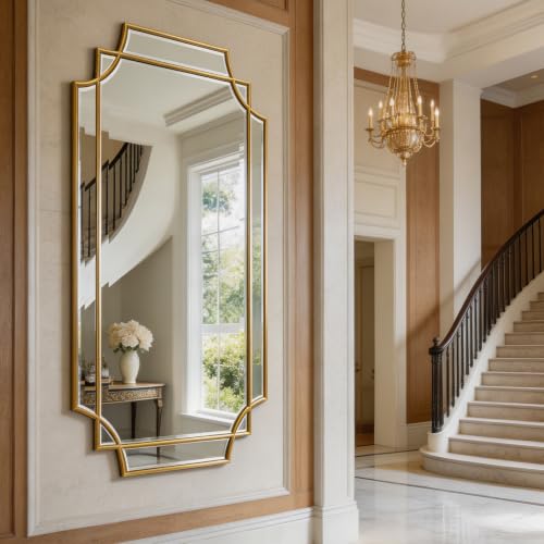 59"x30" Large Rectangle Beveled Mirror with Gold Geometric Frame - color: Gold, size: 59"L x 30"W