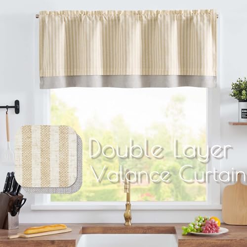jinchan Stripe Linen Kitchen Valance Curtain, 50x16, 1 Panel, Beige - color: Boxter Striped | Beige on Linen, size: 50"W x 16"L (Pack of 1)