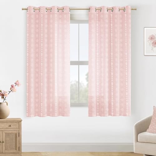 Cute Pink Curtains for Nursery Girl Bedroom,Boho Floral Light Blush Linen Sheer Princess Curtains for Baby Teen Room Decor Aesthetic - color: Pink, size: 52"W x 63"L (Pack of 2)
