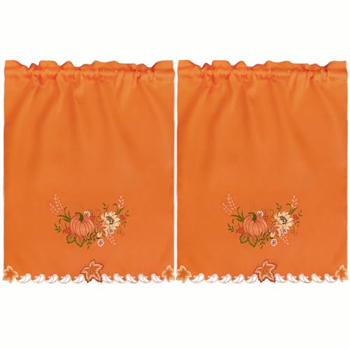 Simhomsen Embroidered Rod Pocket Fall Autumn Harvest Pumpkins Kitchen Window Curtain Swag and Tiers Set for Thanksgiving (Orange Pumpkins) - color: Orange Pumpkins