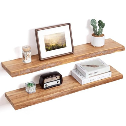 Floating Shelves for Wall, Solid Elm Wood Shelves, 36in Set of 2, Natural - color: Natural, size: Live Edge, 36inch, 2Packs