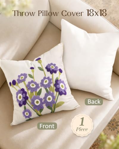 Embroidered Floral Throw Pillow Cover 18x18 Inch, Purple Flower - color: Purple Flower, size: 18" x 18" (Pack of 1)