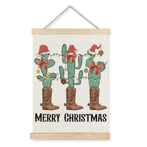 Western Christmas Wall Decor, Christmas Red Bow Cactus Cowboy Boots Wall Art With Wooden Poster Hanger, Christmas Wall Decoration, Western Christmas Wall Art Decor for Home Office, 12x16 Inch - color: Western Christmas cactus, size: 12x16