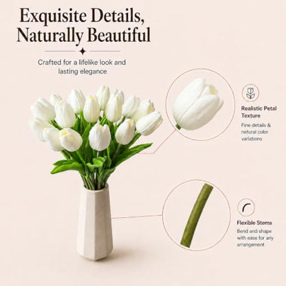 Mandy's 20 Stems Pure White Artificial Tulip Flowers for Home Centerpieces - color: Pure White