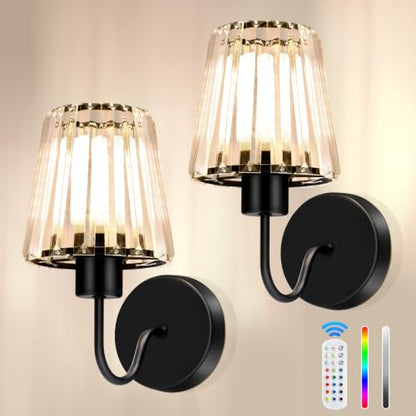 Crystal Battery Operated Wall Sconces Set of Two for Bedroom, Black - color: Black
