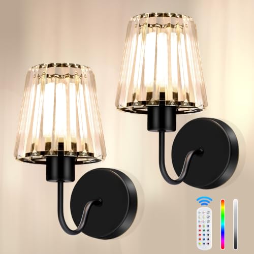 Crystal Battery Operated Wall Sconces Set of Two for Bedroom, Black - color: Black