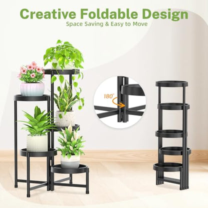iDavosic.ly 5 Tier Folding Plastic Plant Stand Indoor, Grow Light, Black - color: Black with Light, size: 5 Tiers