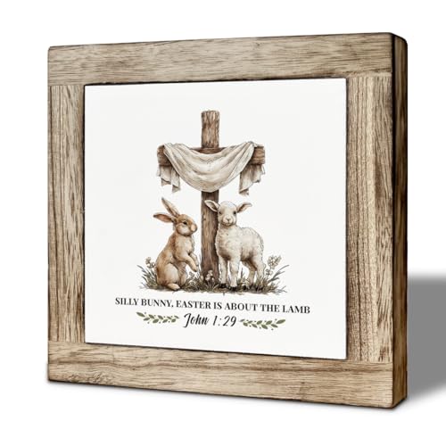Christian Easter Wooden Box Sign Desk Decor, Silly Bunny Easter Is About the Lamb Bible Verse Desk Sign, Faith Based Wood Block Signs for Home Office Shelf 5.9 x 5.9 Inches - color: Easter 18