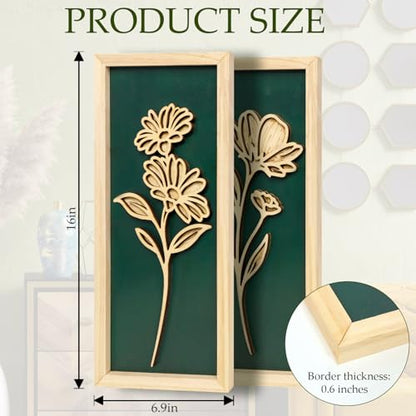 KOYILTD 2pcs 3D Green Wall Art Floral Wall Decor Boho Framed Bathroom Art - style: 2huahuilvqiang-Boho