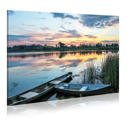 Dream Land Lake Landscape Canvas Wall Art: Green Water Wilderness Painting Relaxing Dusk Scenery Picture for Living Room - color: boat, size: 45"L x 30"W