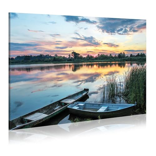 Dream Land Country Lake Canvas Wall Art: Modern Sunset Landscape Prints Nature Scene Painting for Bedroom Office - color: boat, size: 36"L x 24"W