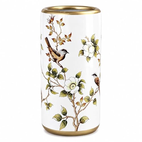 Ceramic Umbrella Stand for Entryway, Decorative Indoor Umbrella Holder with Gold Rim, Floor Vase Cane & Walking Stick Holder for Foyer Hallway Home Decor(White Bird) - color: White Bird