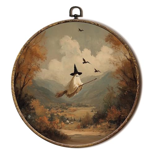FSTCSV Whimsical Witch Ghost Round Wall Art Framed, Vintage Fall Halloween Ghost Canvas Prints Wall Hanging Art, Autumn Landscape Halloween Circle Walls Decor for Home Bedroom, 10x10in - color: color-6
