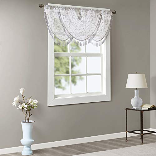 Madison Park Diamond Embroidered Sheer Ascot Valance, 38x46 White/Grey - color: White/Grey, size: 38"W x 46"L (Pack of 1)