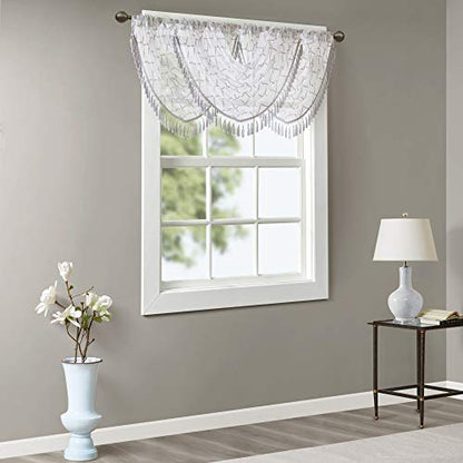Madison Park Diamond Embroidered Sheer Ascot Valance, 38x46 White/Grey - color: White/Grey, size: 38"W x 46"L (Pack of 1)