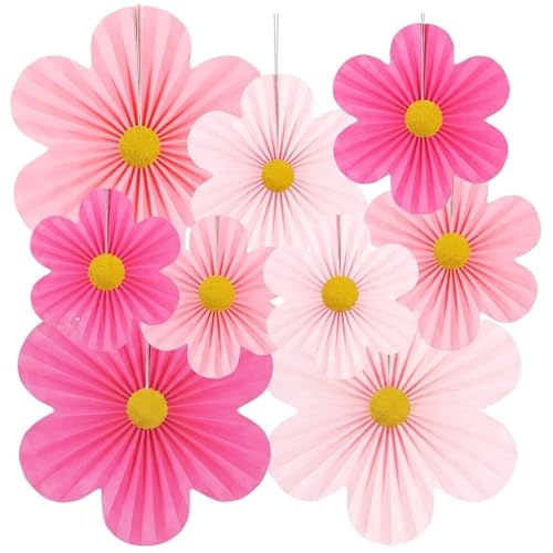 Spring Flower Paper Fan Decorations, 9PCS Party Cream Hanging Fans for Hello Spring Party, Birthday, Wedding, Classroom, Home Office Graduation Mother Father's Day Floral Backdrop Decor -Pink - style: Pink Cloud