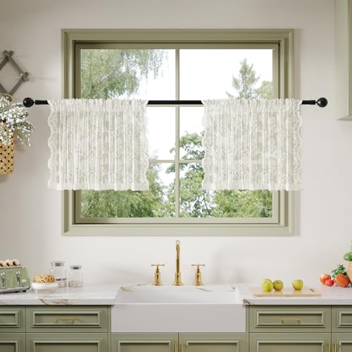 Anmao Vintage Lace Kitchen Curtains 18 Inches Long 2 Panels, Romantic Semi Sheer Floral Over Sink Lacy Cafe Curtain, Elegant Window Short Small Drapes, 55W x 18L, Ivory White - color: Ivory White Plum, size: 55"W x 18"L (Pack of 2)