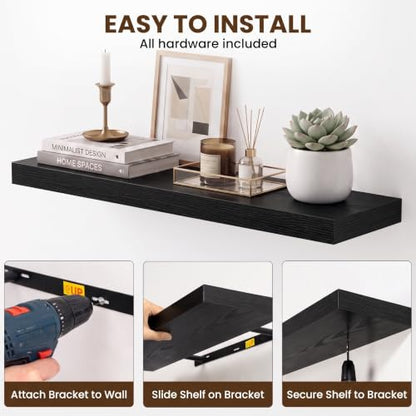 Dreamland 48Inch Black Floating Shelves 9.3" Deep Wall Mounted Set of 2 - color: Black, size: 9.3"D x 48"L